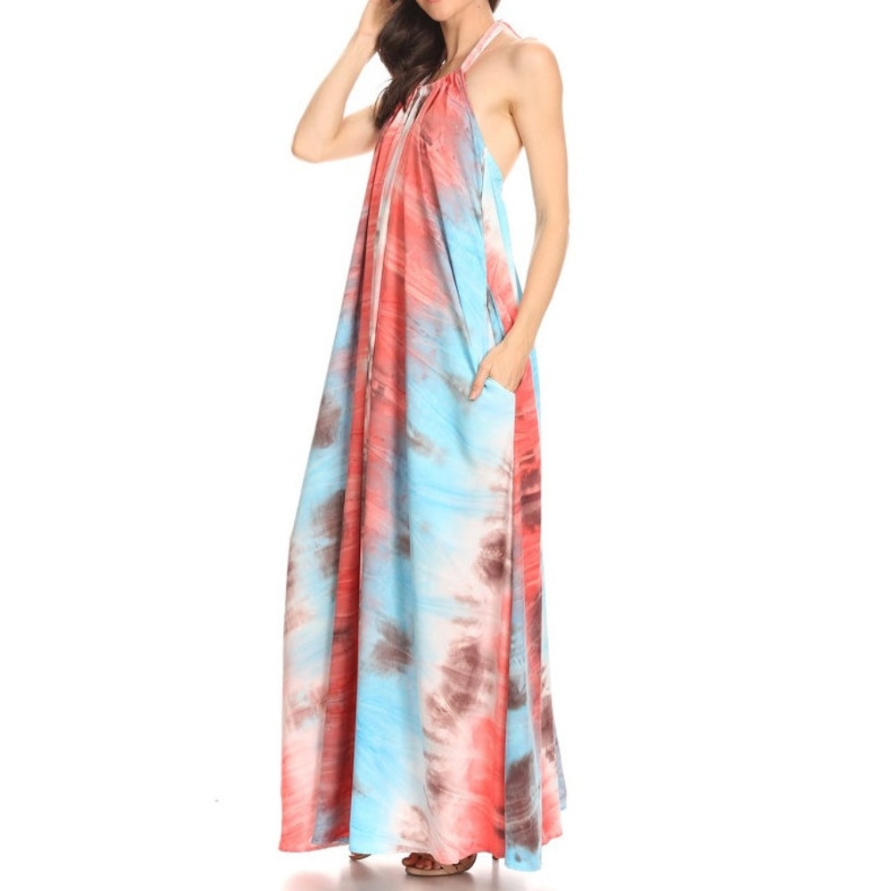 Aqua Orange Tie Dye Boho Halter Maxi Dress - Picture 3 of 5